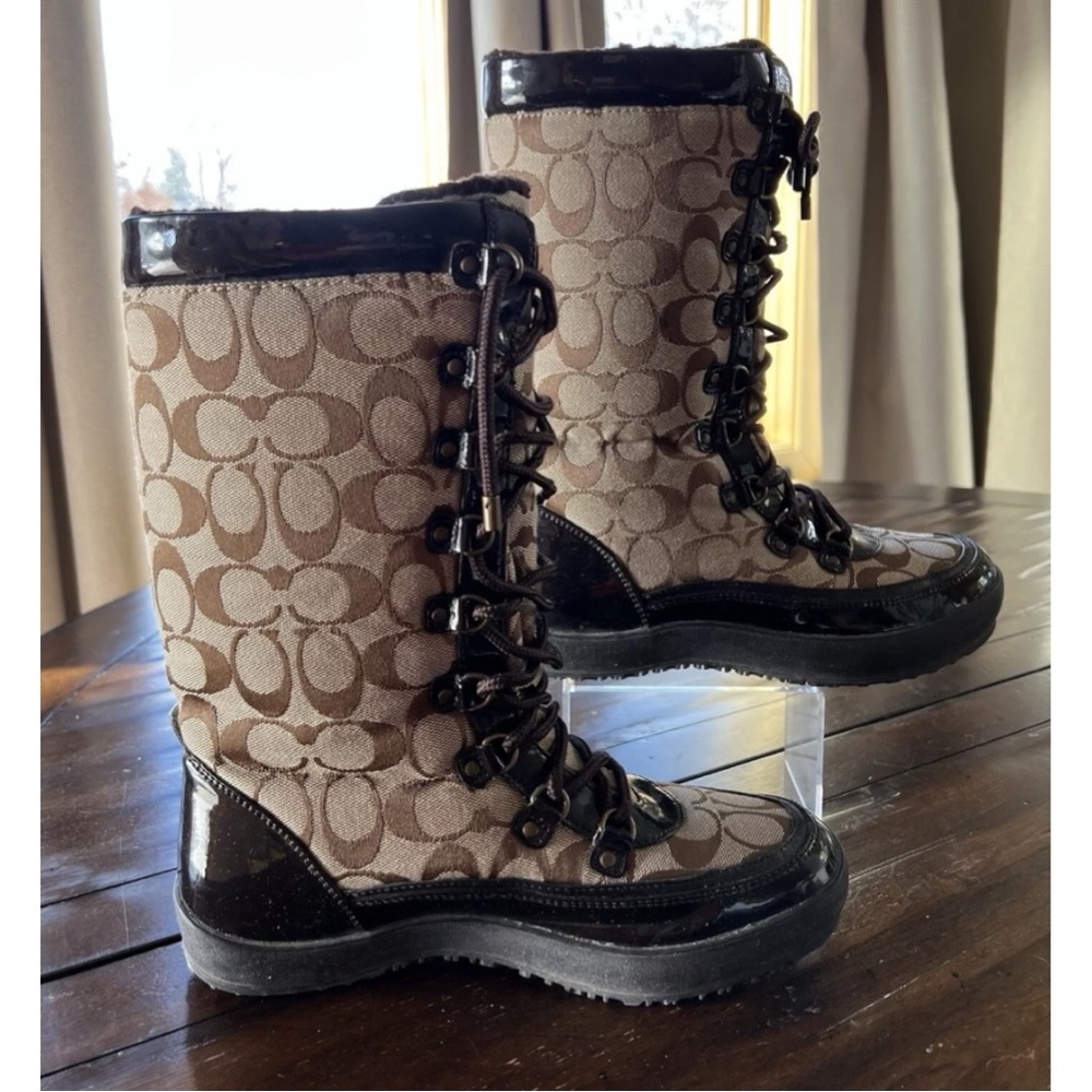 Coach Peggy Khaki and Brown Patent Leather Trim Boots/Shoes Size 8 Worn Once - Picture 4 of 11